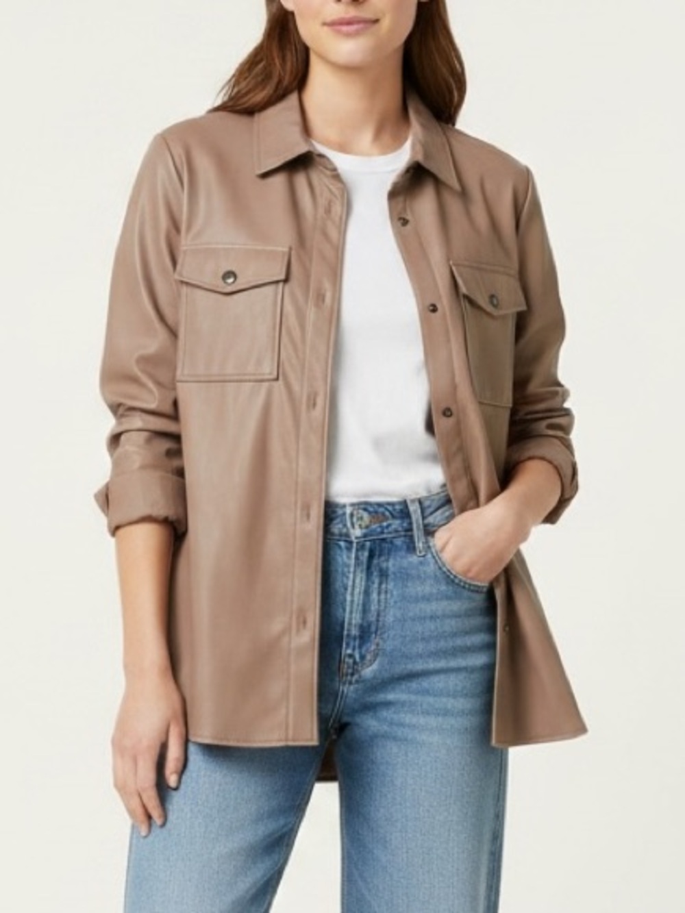 Kensie | LIKE NEW Vegan leather snap front closure shacket brown jacket medium